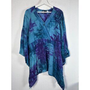 Exotica Womens Tie-Dye V-Neck Sharkbite Tunic Top Large Blue Purple Pullover Art